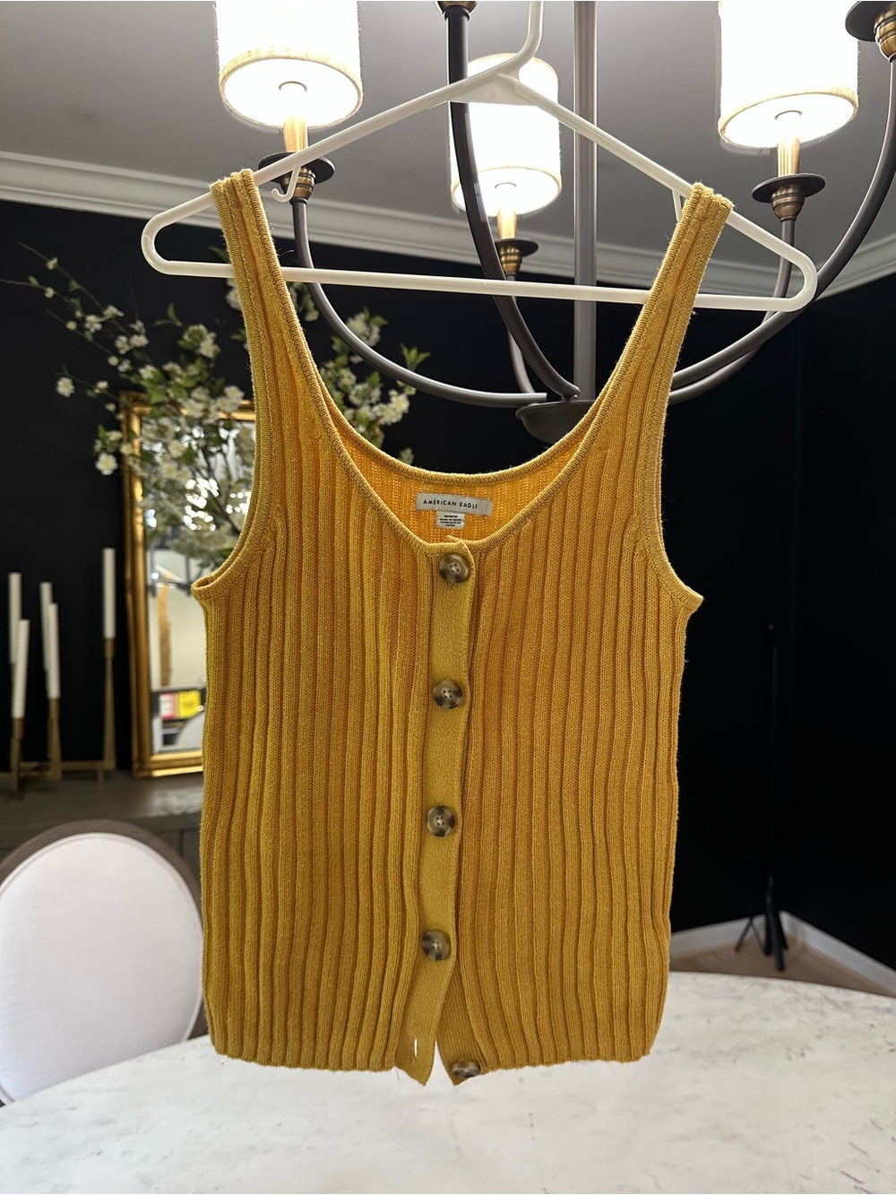 American Eagle Button-Front Ribbed Knit Tank Top - Mustard Yellow